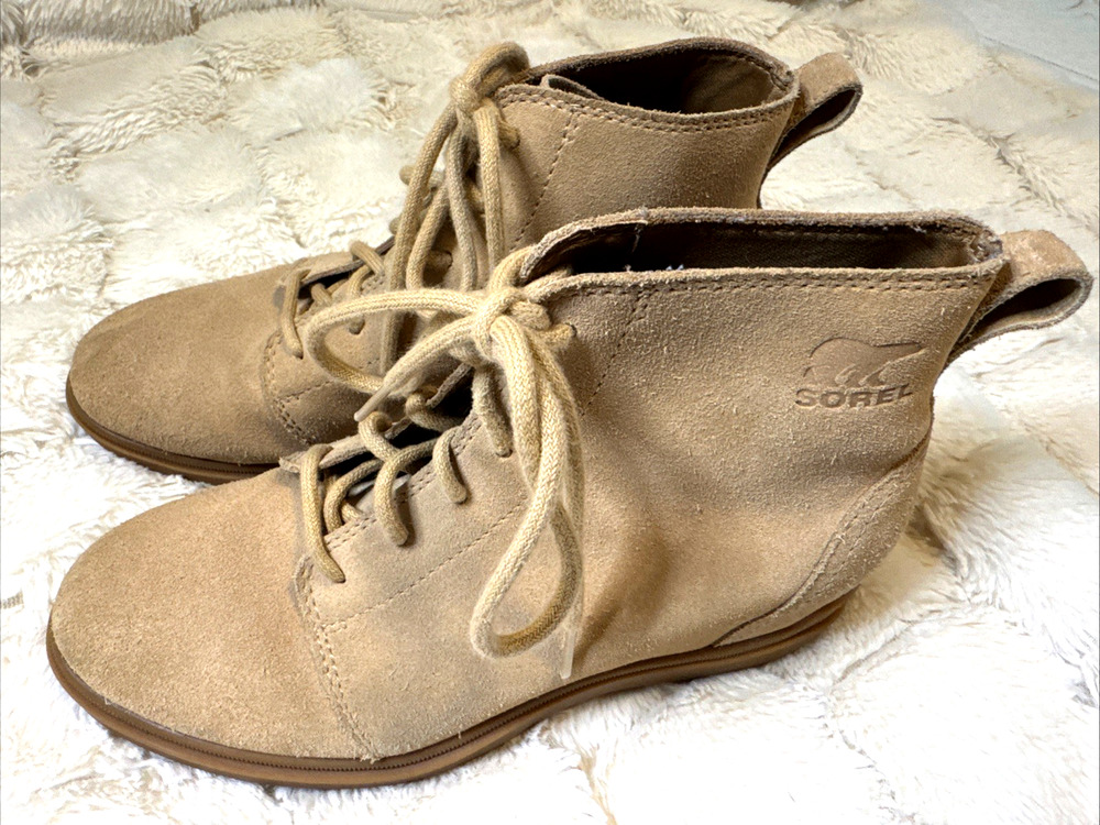 SOREL Evie II Lace Ankle Bootie Suede Beige Lace Up Women's Size 7 1/2